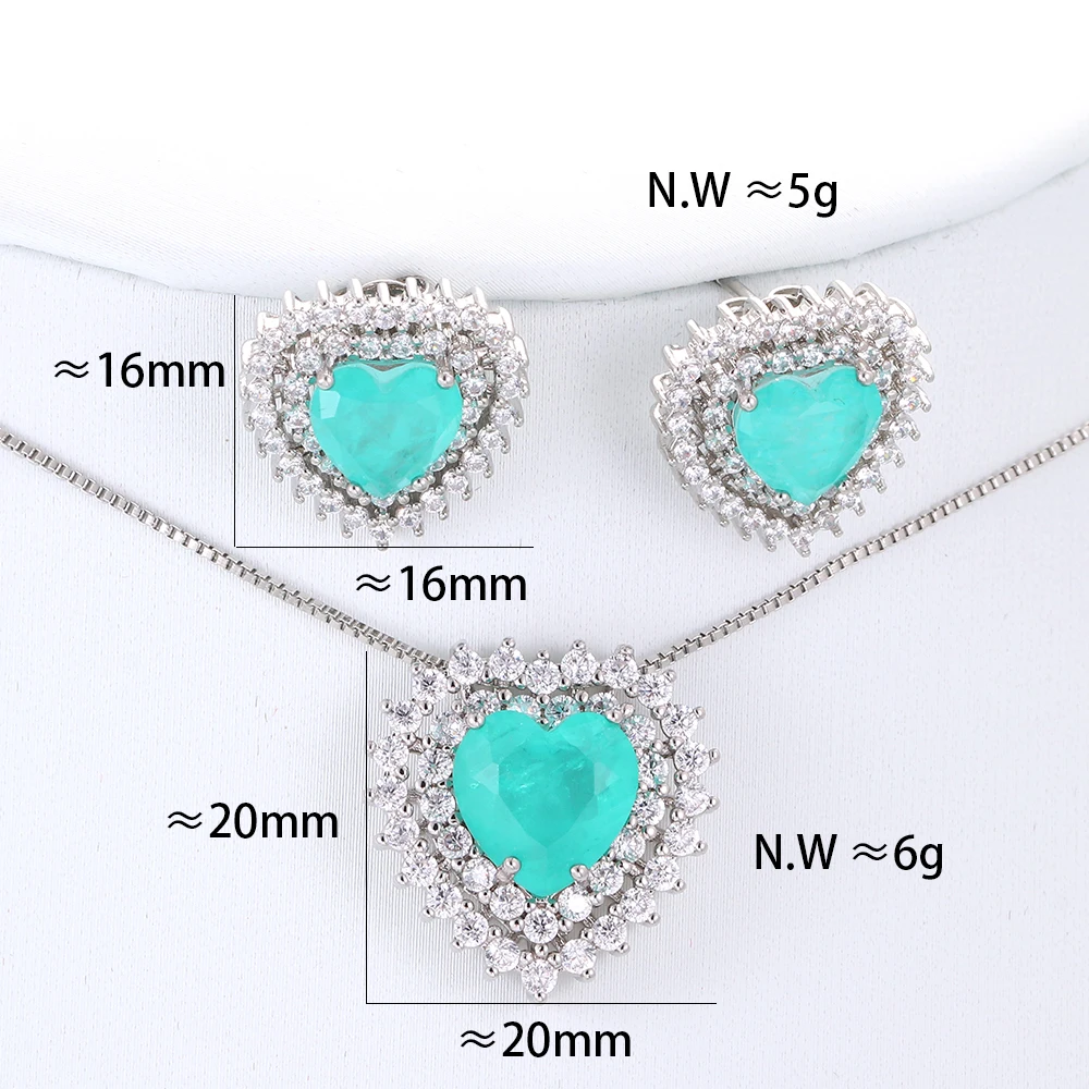 EYIKA Romantic Heart Paraiba Tourmaline Zircon Necklace Earrings Jewelry Set For Women Luxury Wedding Engagement Valentine\'s Day