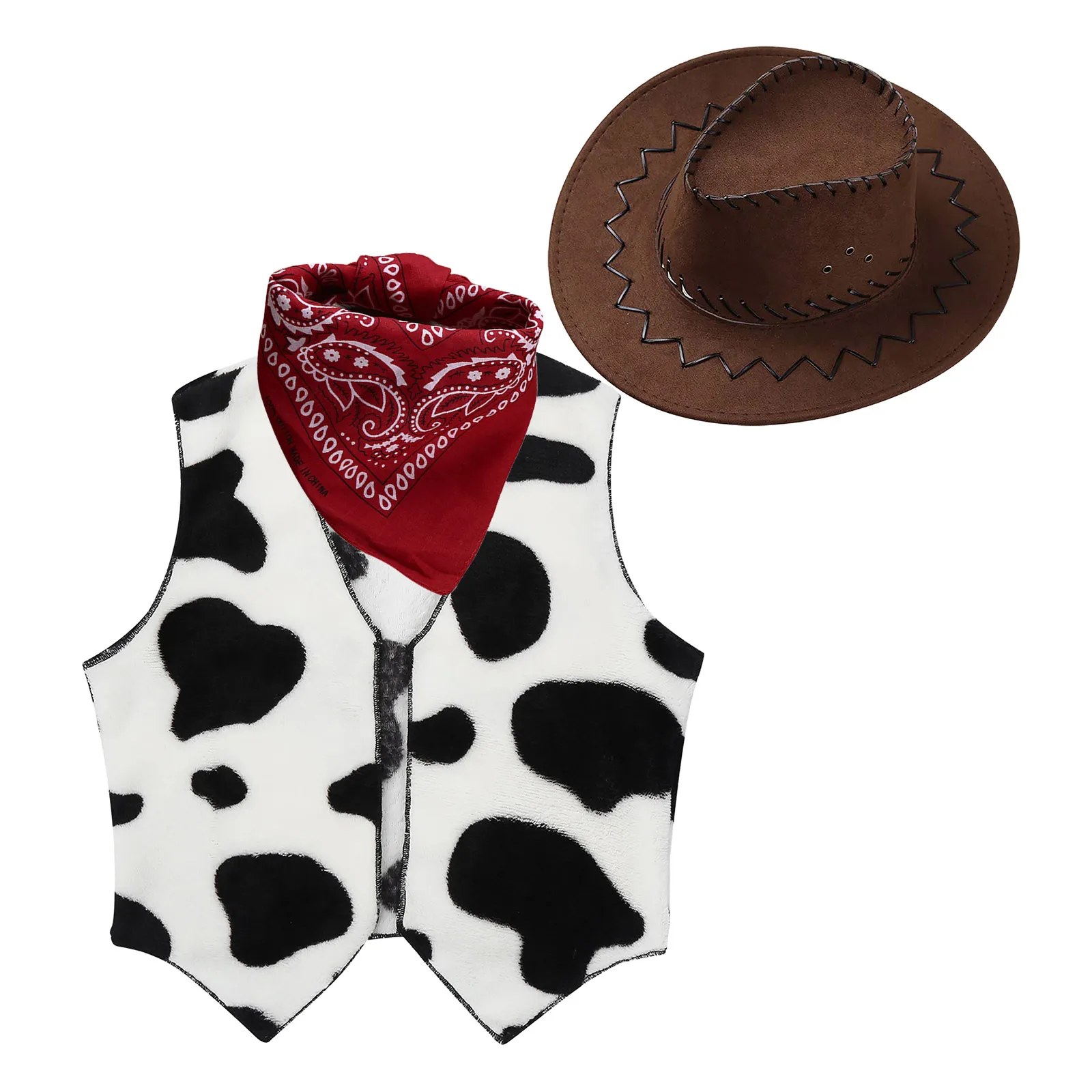 Kids Child Western Cowboy Costume Cowgirl Cosplay Vest Felt Hat Scarf 3pcs/2Pcs/1Pc Set Halloween Purim Party Fantasia Dress up