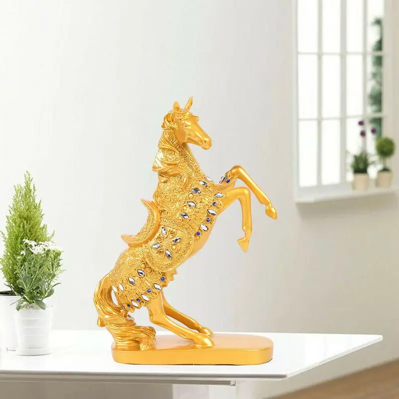 Resin Animal Sculpture Golden Lucky Prancing Horse Statue Home Living Room Office Decoration Gift Crafts