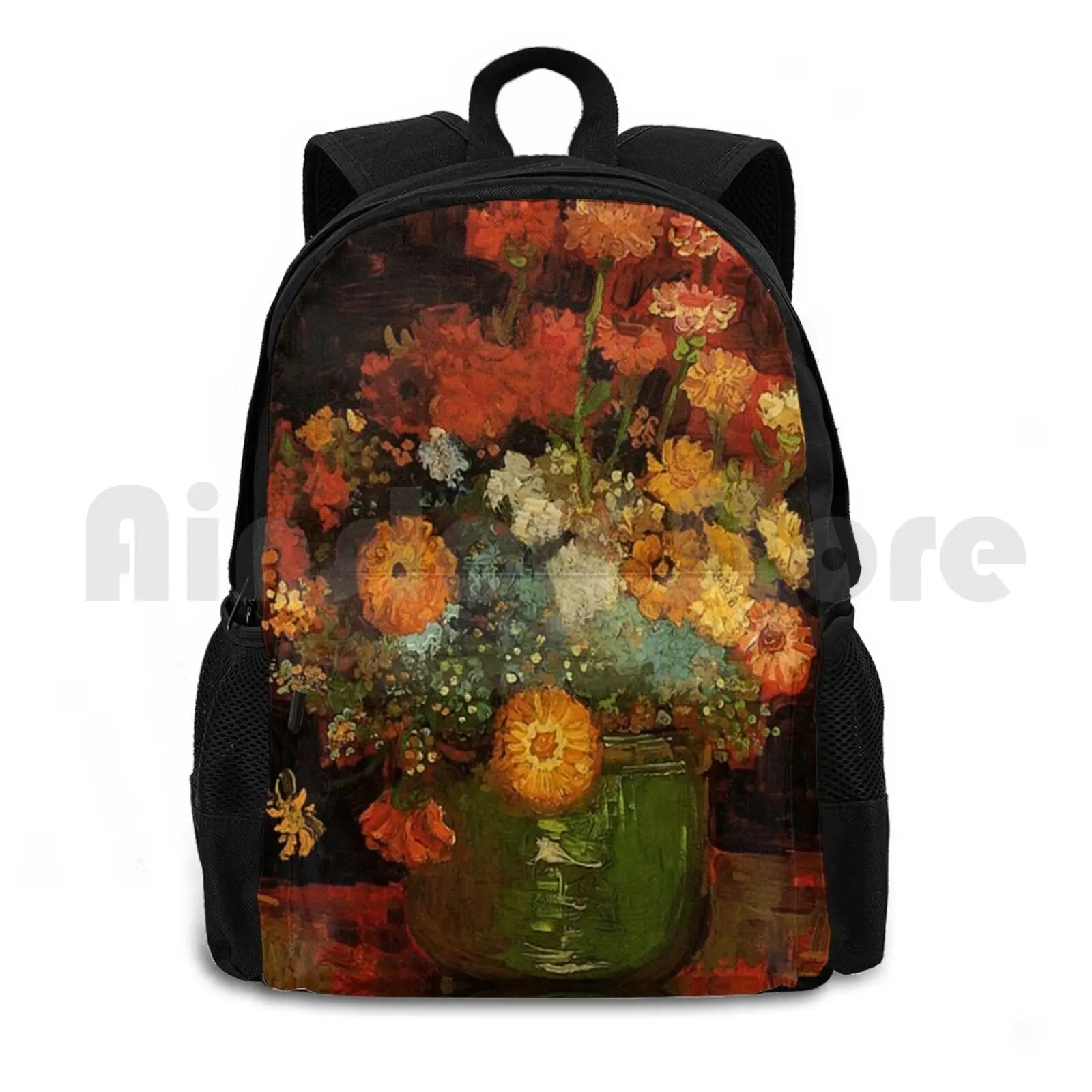 Vase With Zinnias By Van Gogh. Vintage Floral Oil Painting Fine Art. Outdoor Hiking Backpack Waterproof Camping Travel Vase