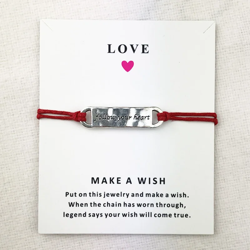 Silver Plated Follow Your Heart Charms Cuff Multilayer Wax Rope Hot Pink Bracelets Women Men Unisex With Card Bracelet Jewelry