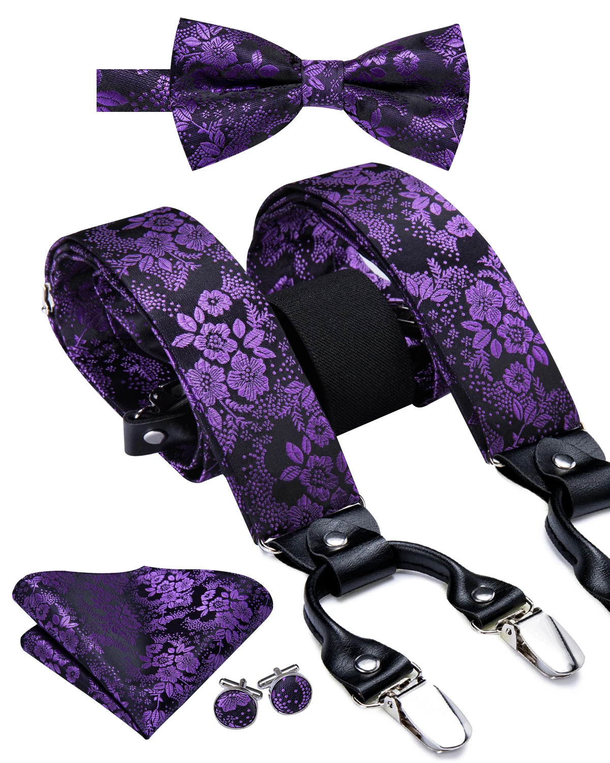 Hallo-Krawatte Seide Erwachsene männer Fliege und hosenträger Set Leder Metall 6 Clips Hosenträger Lila Floral Elastische hochzeit Strumpf SET