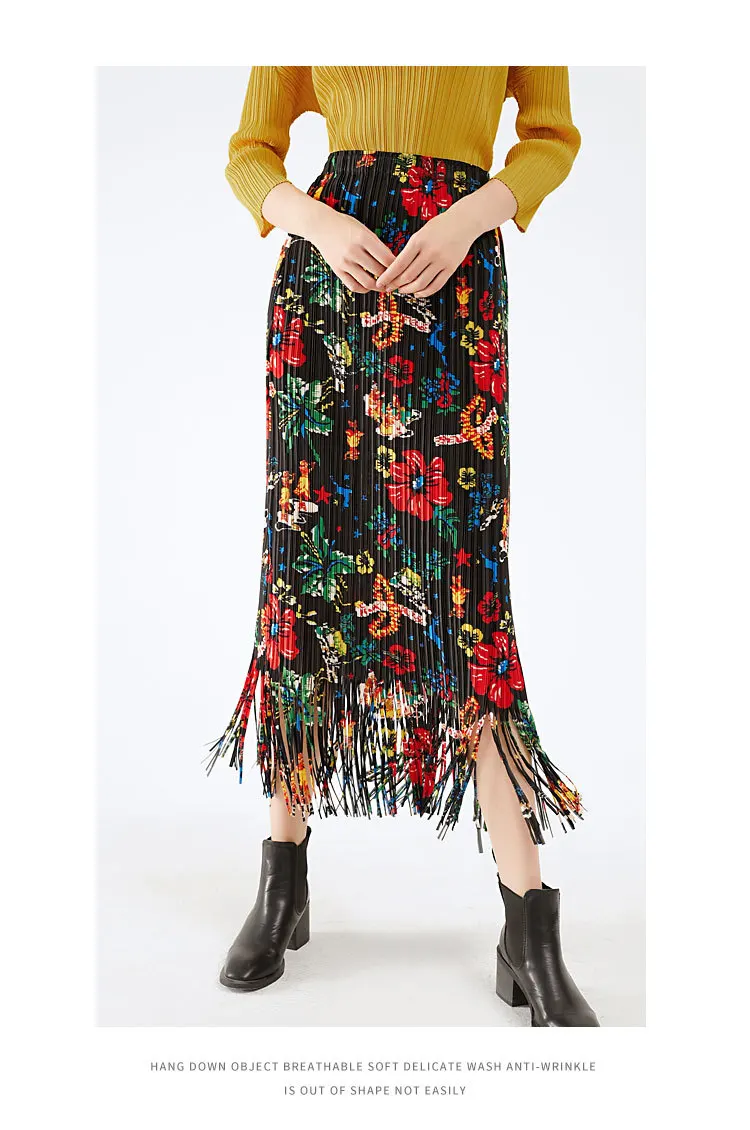 

HOT SELLING Miyake fold Wide-brimmed twill pleated Weave tassel skirt pleated skirt Retro floral print skirt IN STOCK