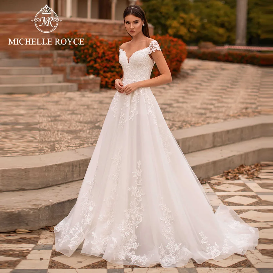 

Michelle Royce New Arrival Sweetheart Off the Shoulder Appliques Chapel Train Bridal Gowns Vestido De Noiva