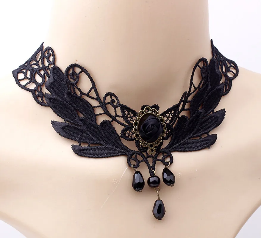 New Collares Sexy Gothic Chokers Crystal Black Lace Neck Choker Necklace Vintage Victorian Women Chocker Steampunk Jewelry