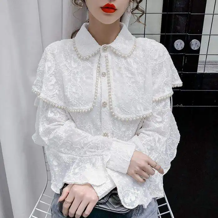 

Spring Beading Lace Blouses Women Sweet Long Sleeve Pearls Office Blouses Lady Elegant Shirt Tops Palace French Wedding Party