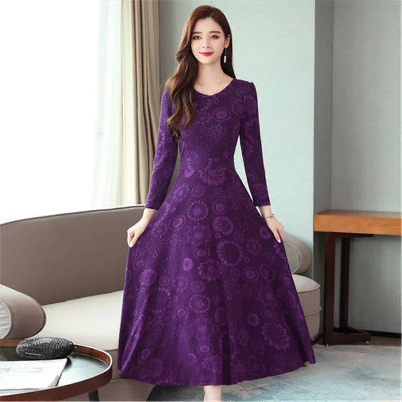 

Casual dress 2019 autumn and winter new fashion O-neck long-sleeved temperament Slim long slim printed dress