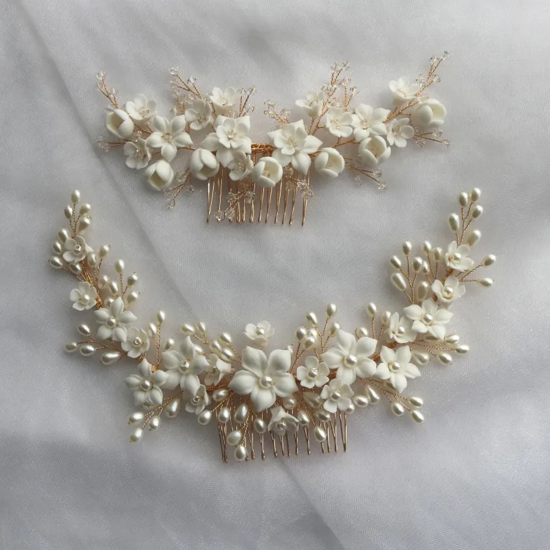 White Ceramic Flower Hair Comb Bridal Crown Pearls Jewelry Handmade Wedding Headpiece Fashion Women Hairpiece