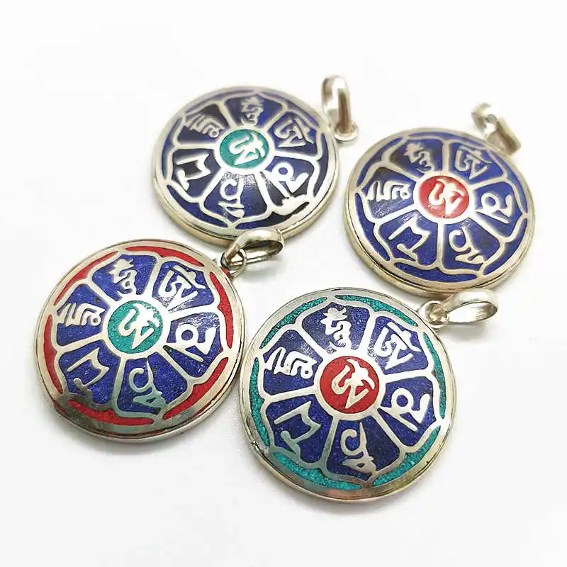 Tibetan Jewelry Pendants Mantra Amulets Copper Inlaid Stone Round Pendant OM MANI PADME HUM TBP430