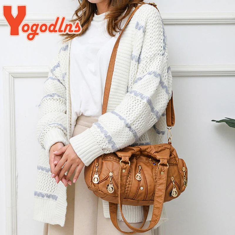 Yogodlns Vintage Soft PU Leather Shoulder Bag Women Large Capacity Handbag Fashion Crossbody Bag Stitching Color Handle Bag sac