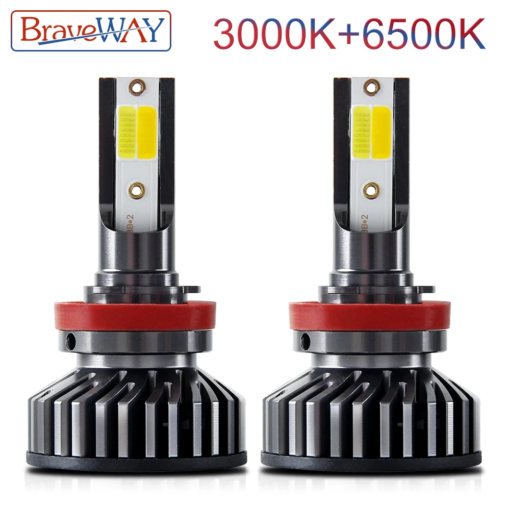 BraveWay 3000K+6500K H7 LED CANBUS H1 H8 H11 LED Car Headlight Bulbs 10000LM 72W 12V 24V Yellow+White LED Kit Car Fog Lamps