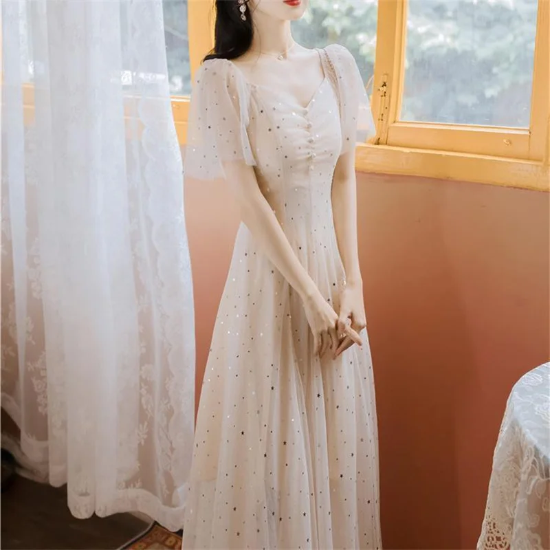 

2021 summer new temperament Sequin Birthday Dress mesh FAIRY DRESS French first love Knee Length Dress