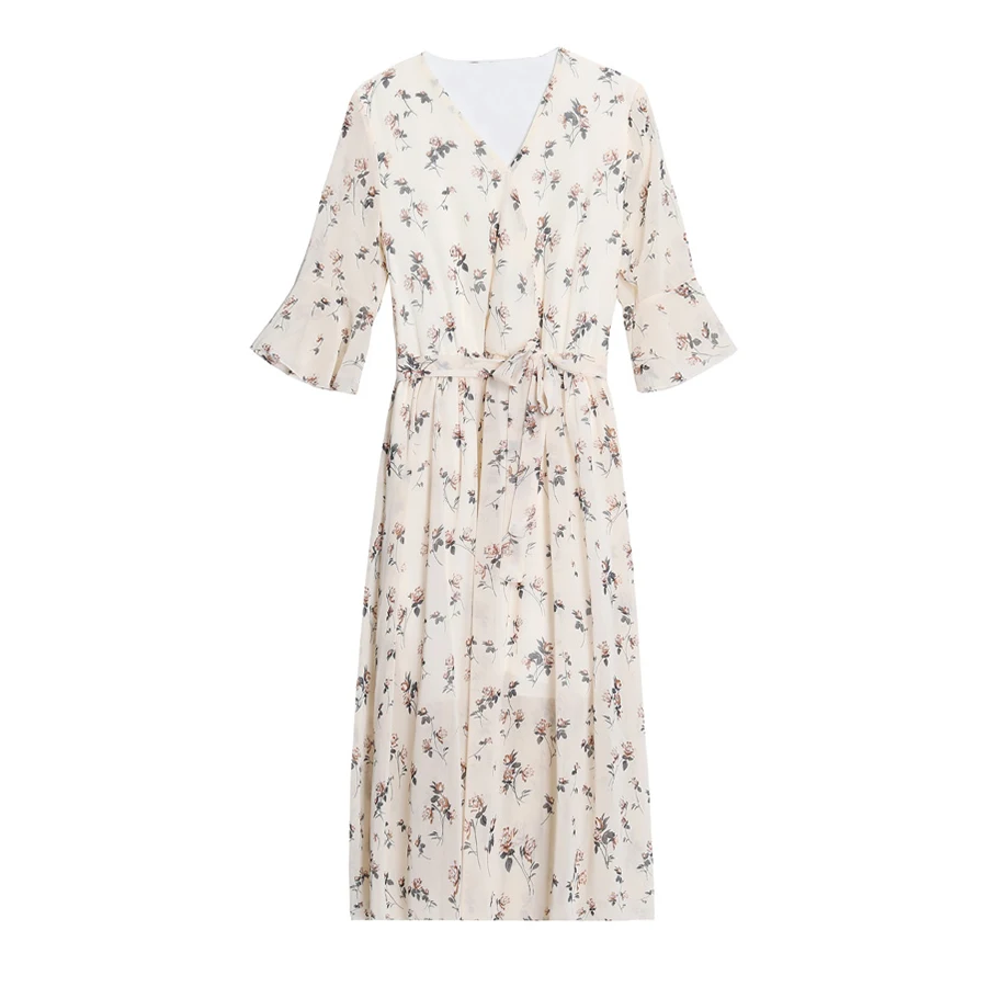 2024 New Elegant Apricot Floral Chiffon Midi Dress Spring Summer Print Vintage Runway Dress Women Bodycon Party Evening Vestidos