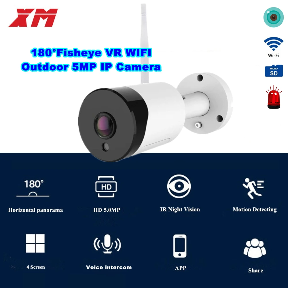 

WiFi Camera 5MP Panoramic 180 Degree VR IP Camera Smart IR Lights Cam Starlight night vision Outdoor Security Camera Wireless