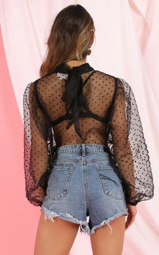 Summer Sexy Women Polka Dot Mesh Sheer See-through Tops Bikini Cover-Ups Puff Long Sleeve Tops Blouse Shirts Beachwear Loose Top