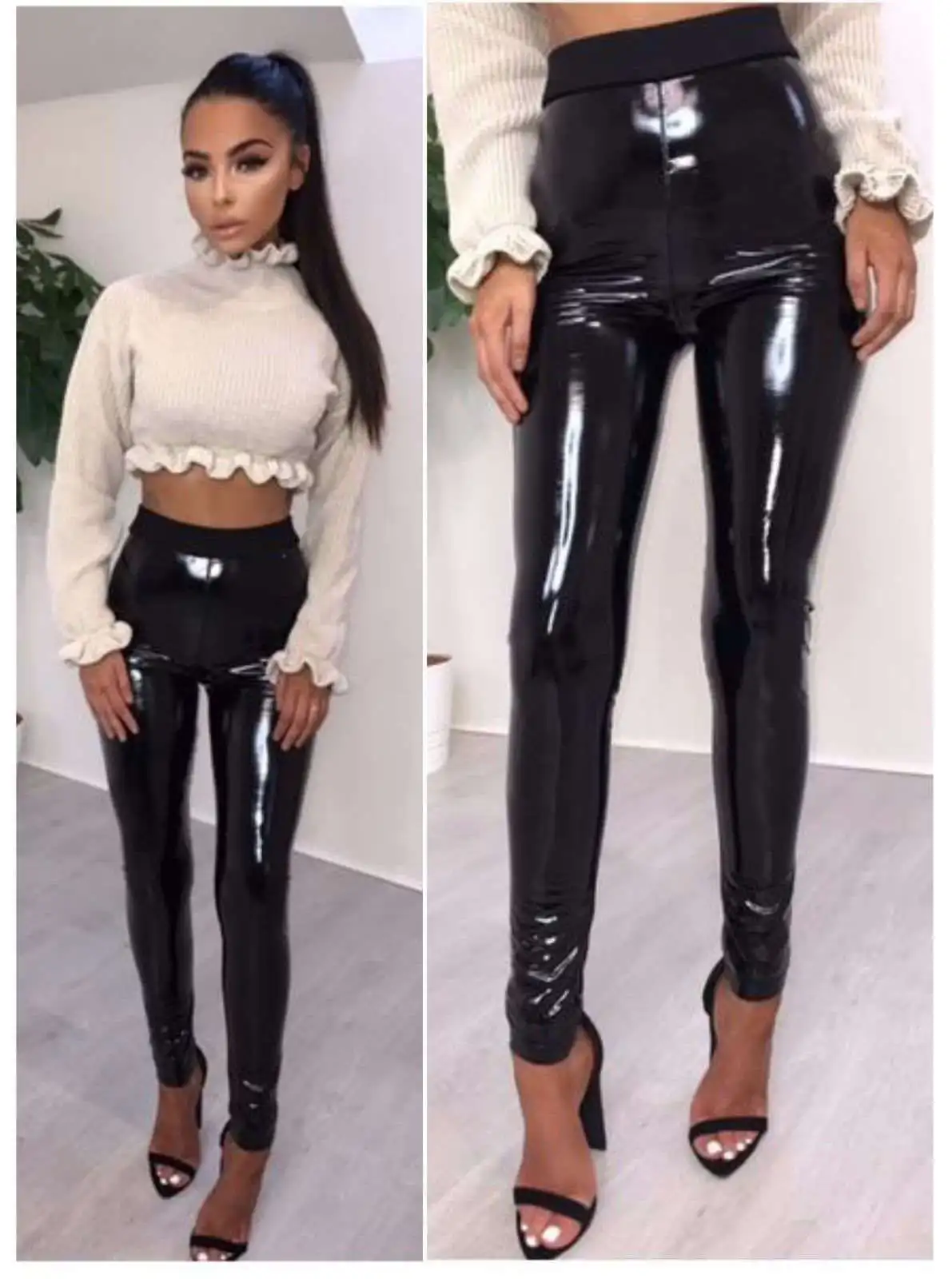 Gothic Stretch Shiny Wet Look PU Leather Leggings Women Black Slim Push Up Long Pants Ladies Sexy Skinny Leggings