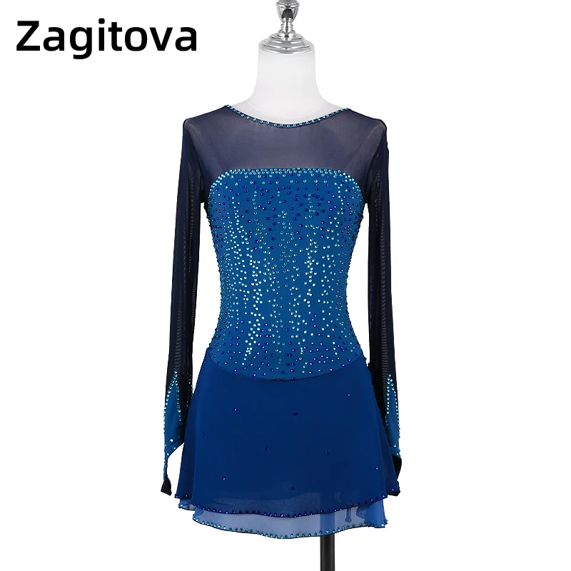 ZAGITOVA Deep Blue Figure Skating Dress Women Girls Ice Skating Skirt Long Sleeve Round Neck Backless