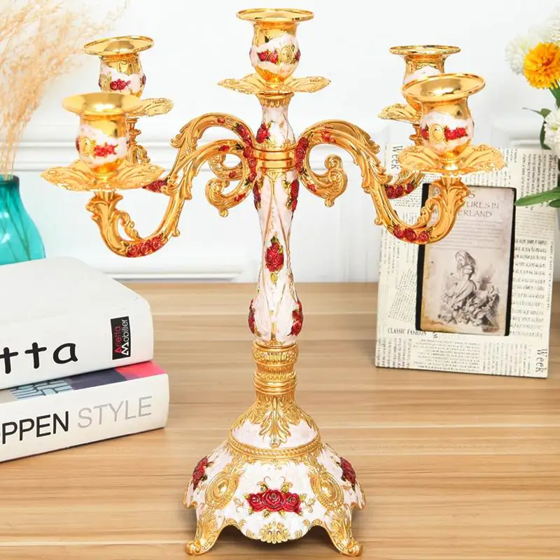 

Golden Plated 5-Arms Candle Holders Wedding Party Christmas Event Table Centerpieces Decoration Home Candlestick centro de mesa