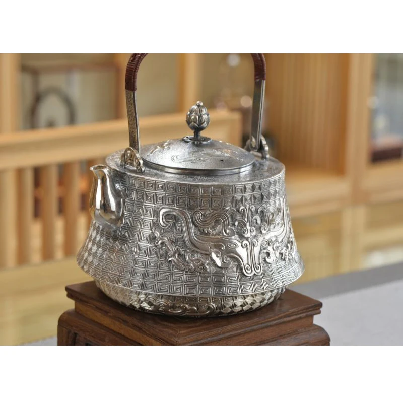 Silver pot 999 sterling silver handmade tea set Japanese retro teapot kettle home tea ceremony Kungfu tea set 1300ml