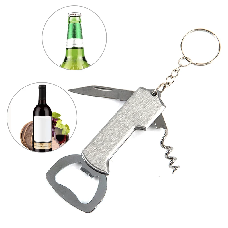 1pc Wine Beer Bottle Opener Keychain Creative Stainles Steel Multifunctionial Opener Bar Accessories 8*3.5cm Open Corkscrew