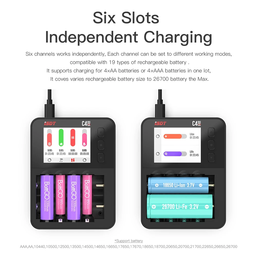 2021 New ISDT C4 EVO Smart Battery Charger Type-C QC3.0 Output for AA AAA Li-ion Battery IPS Display Screen and Fire Prevention