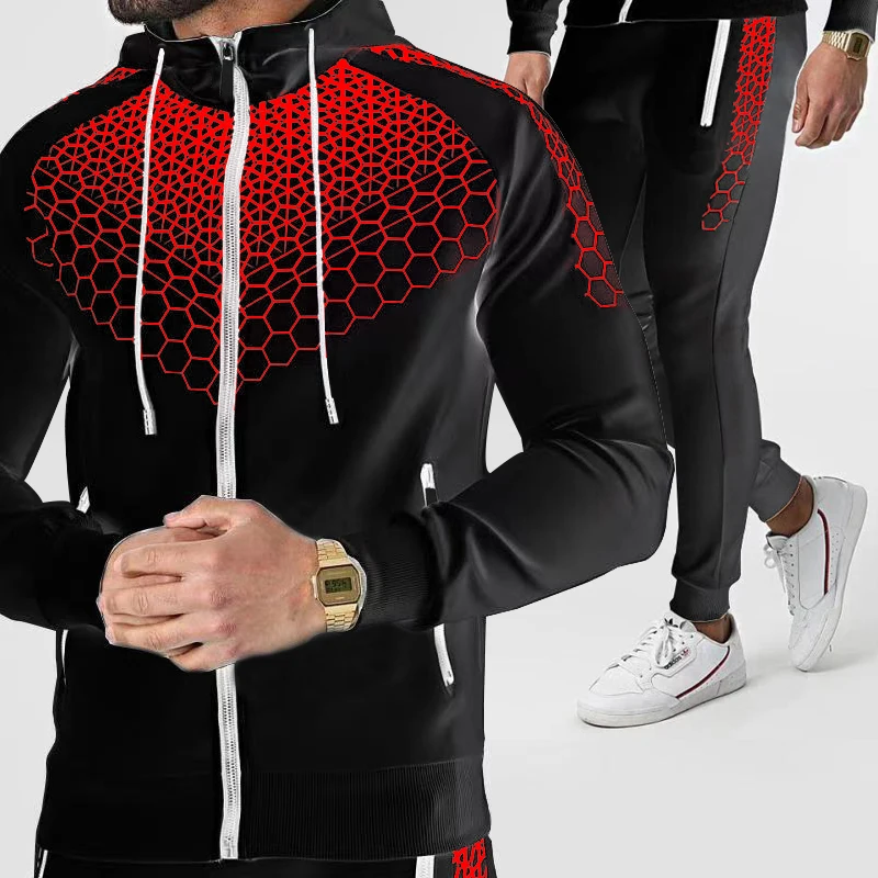 New men\'s zipper jacket suit two-piece outdoor fitness running sports popular hooded jacket outdoor sports pants sportswear suit