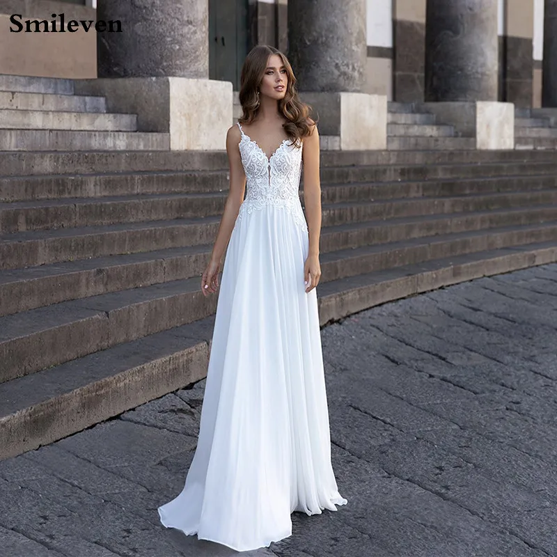 Smileven Chiffon Bohemian Lace Wedding Dress A Line Straps Lace Bridal Gowns vestido de noiva 2020