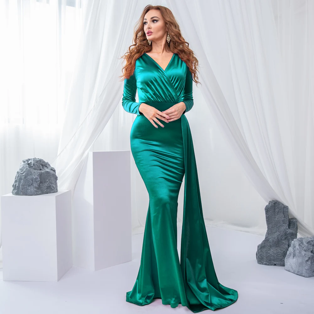 Stretch Satin Long Sleeve Ruched V Neck Maxi Dress Tight Back Zipper Ribbon Evening Party Dress