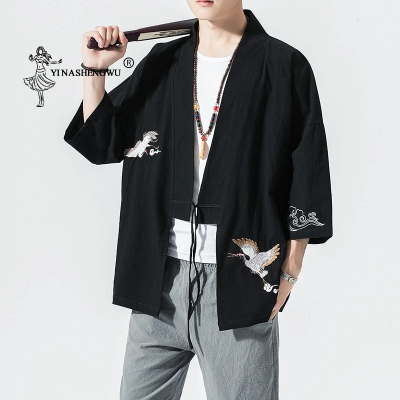 Kimono Cardigan Men Japanese Kimono Traditional Beach Thin Crane Embroidery Asian Clothes Yukata Male Samurai Casual Shirt Kimon image 4