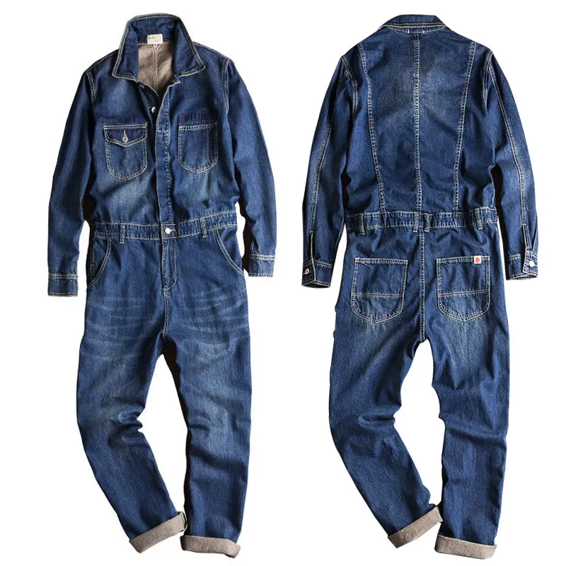 2021 Spring And Autumn Overalls Men's Denim Jumpsuits Long Sleeve Lapel Loose Blue Jeans Cargo Pants Fashion Workwear Trousers