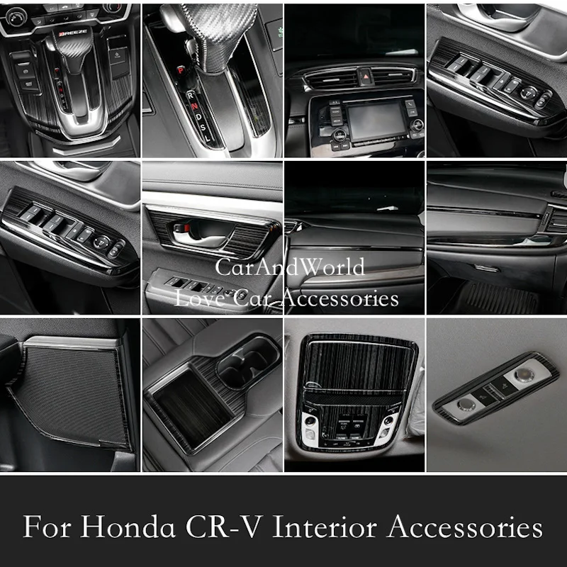 Car Black Interior Window Lift Glove Box Water Cup Read Light Seat Button Frame Cover Trims Accessories For Honda CR-V 2017-2021