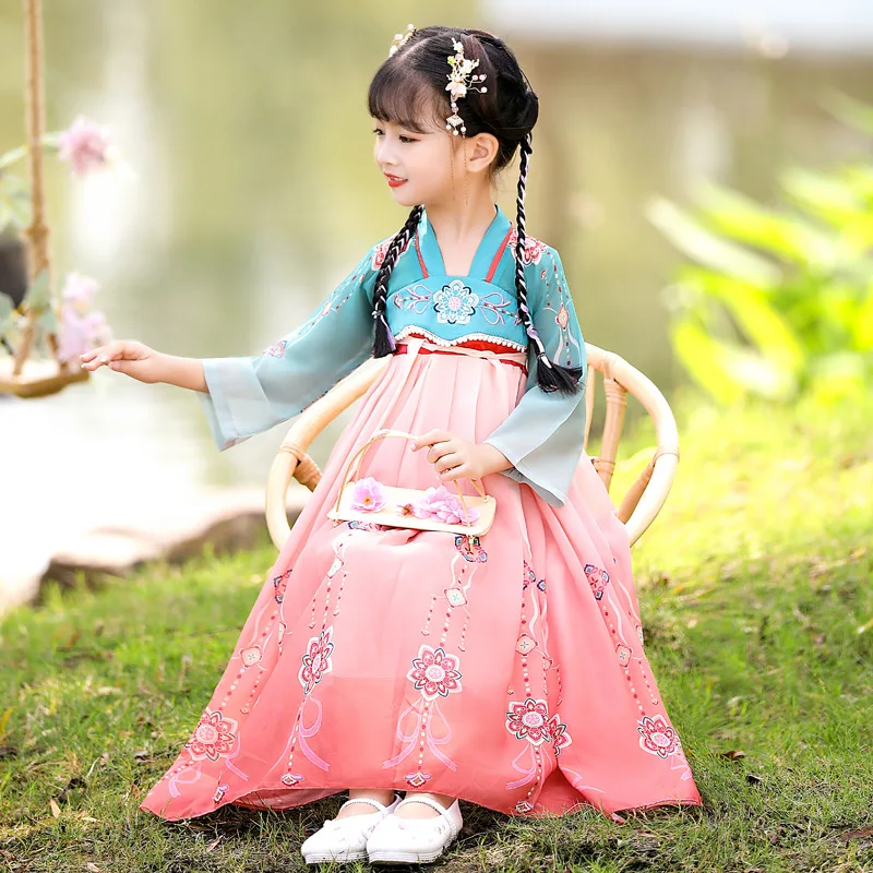 

Autunm New Kids Chiffon Ancient Hanfu Children Chinese Lovely Tang Suit Girls Embroidery Traditional Perform Costumes