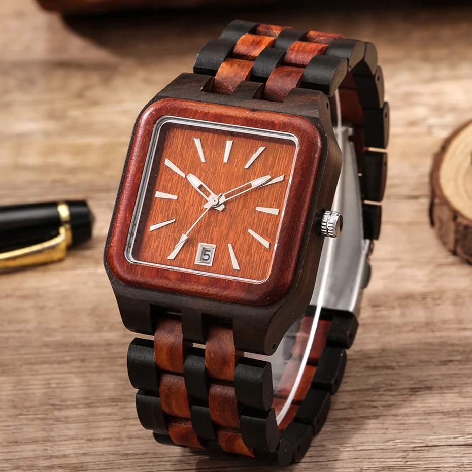 Retro Wood Calendar Watches for Men Creative Rectangle Dial Clock Man Full Natural Wooden Band Watch Date Quartz Wrist Watches