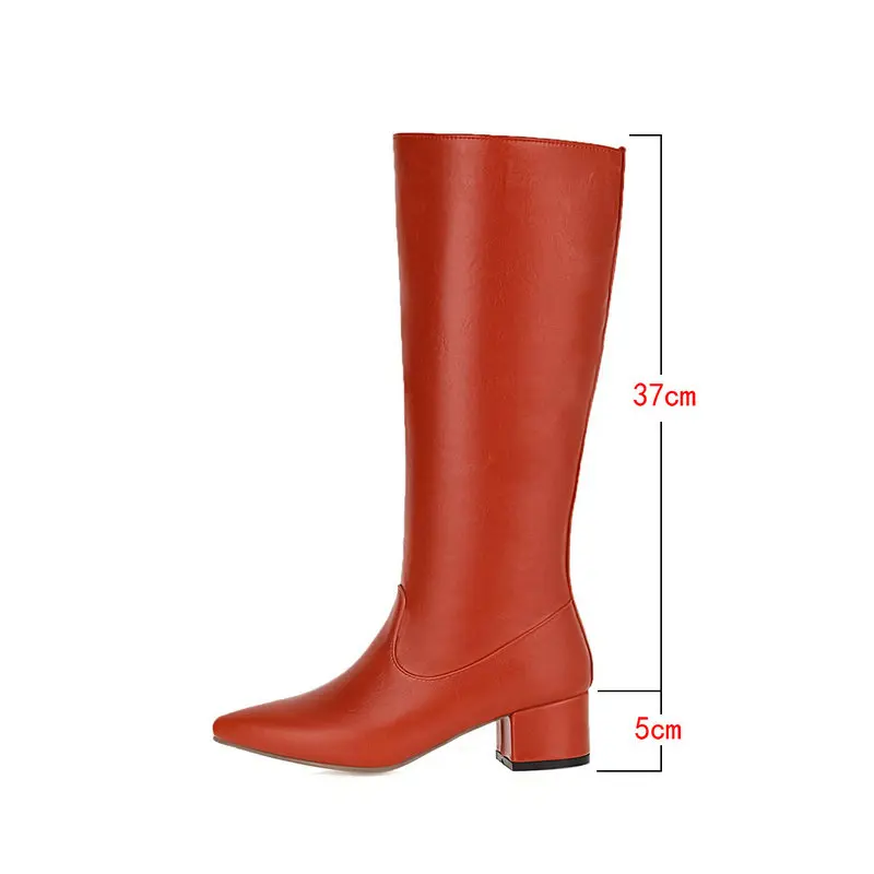 Black White Orange Women Knee High Boots Fashion Pointed Toe Square Heel Ladies Boots Short Plush Women Winter Shoes Big Size 43