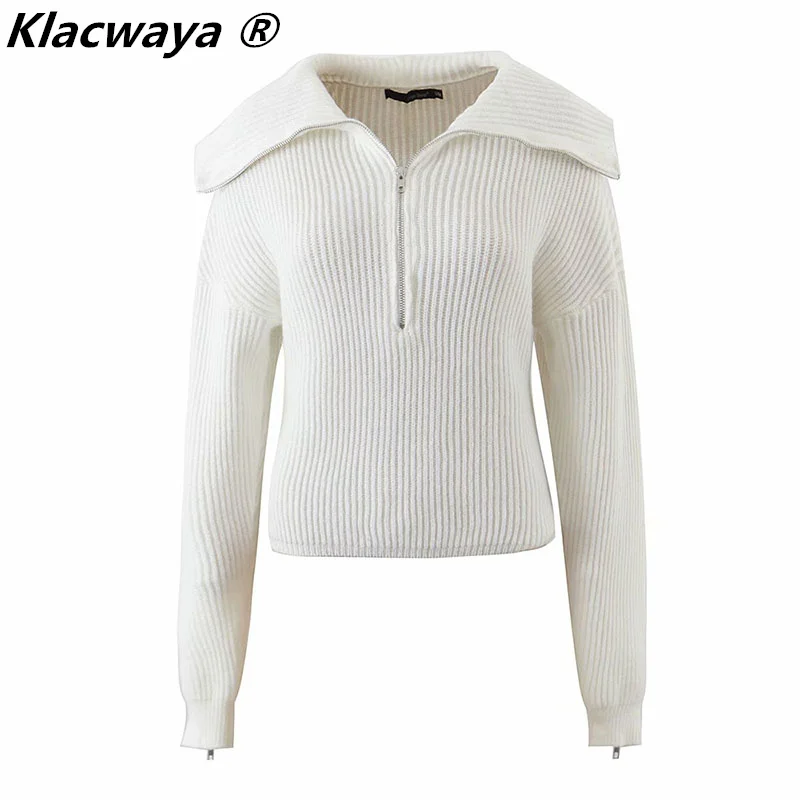 Klacwaya 2021 Woman Fashion Sailor Collar Casual Sweaters Autumn Female Zipper Pullover Knitted Vintage High Street Sweaters