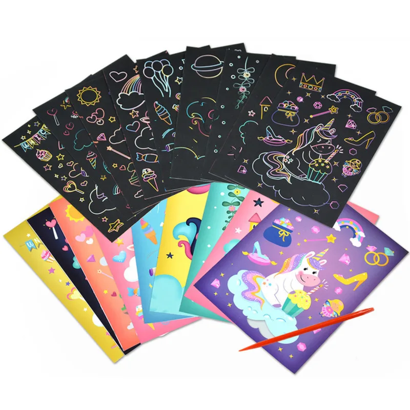 9Pcs/Set Magic Rainbow Color Scratch Art Painting Paper Card Kit Cartoon Dinosaur Unicorn Drawing Board Kids DIY Educational Toy