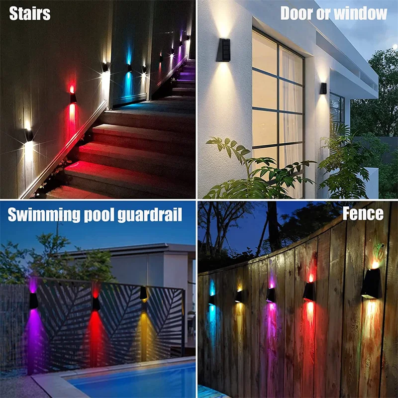 Solar Wall Lights Outdoor Fence Lights LED Waterproof Solar Stair Lights Up and Down 7 Color Changing Exterior Patio Lights