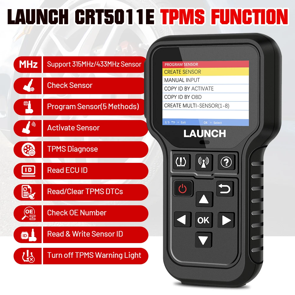 LAUNCH X431 CRT5011E TPMS Activation Diagnostic tools Reset Relearn reprogram 315 MHz 433 MHz tire pressure sensors OBD2 Scanne