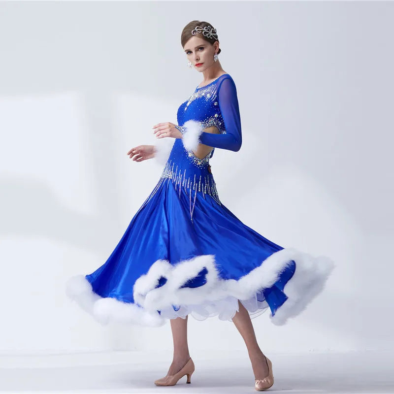 B-19591 Customize ballroom dance dress blue modern dance competition dress with big pendulum pearl silk and white rabbit feather