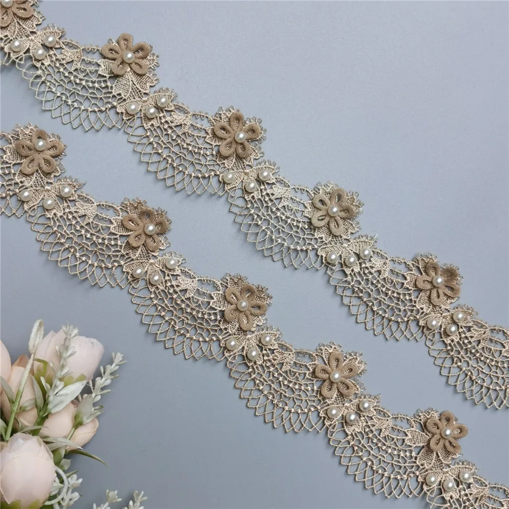 10x Gold Pearl Flower Ocean Waves Embroidered Lace Trim Ribbon Fabric Patchwork Wedding Dress Sewing Supplies Craft 4.5cm Width