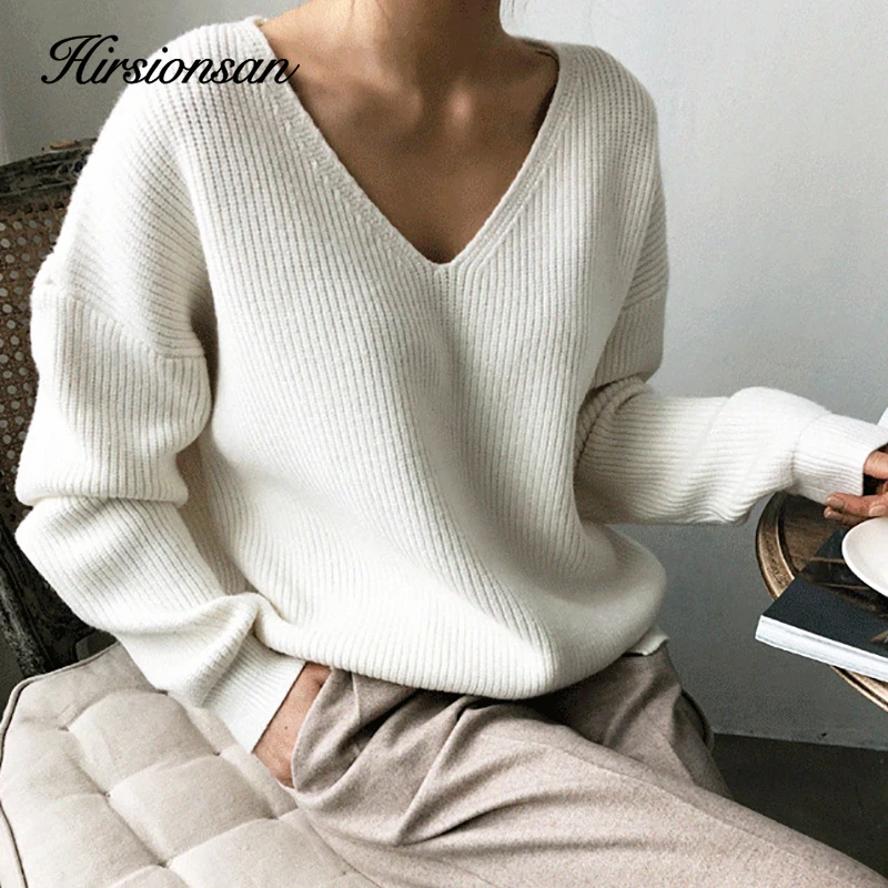 Hirsionsan Thicken Sweater Women 2023 Vintage Minimalist Autumn Winter Sweater Korean Casual Solid Knitted Pullovers V Neck Tops