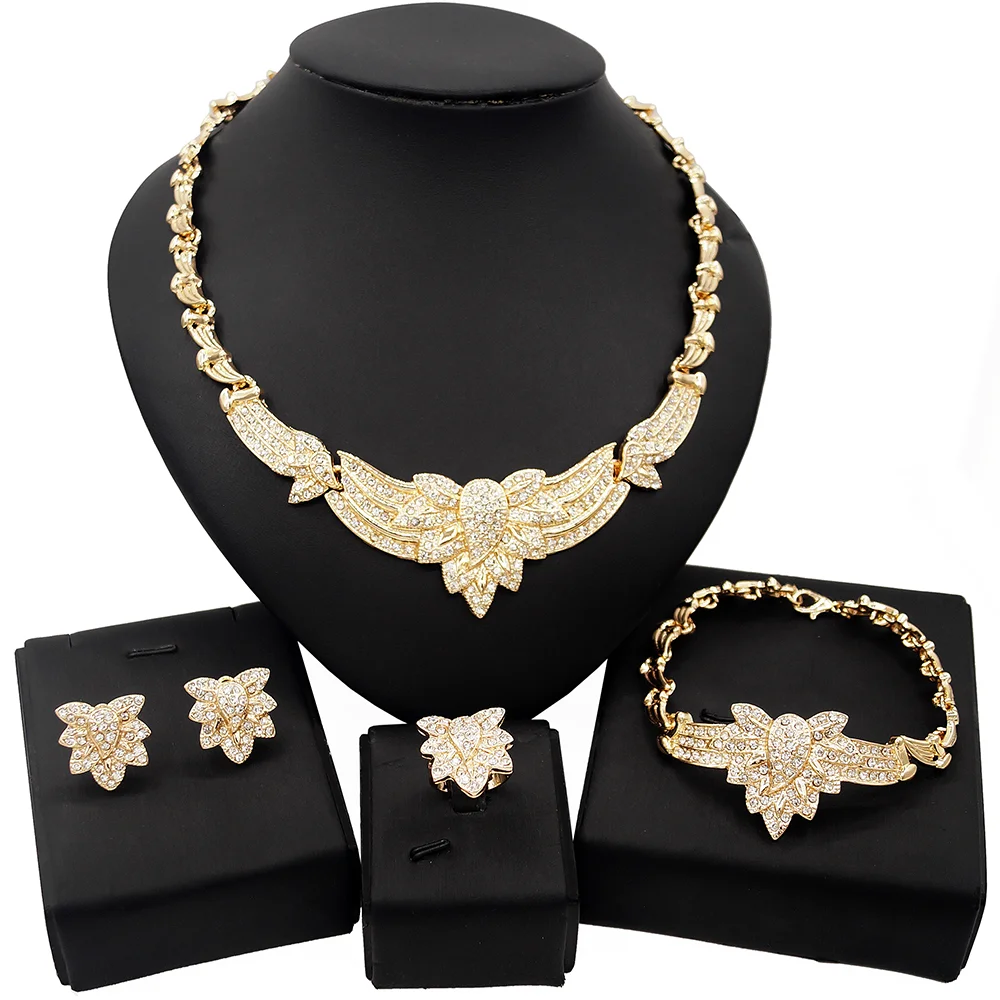 Yulaili Women African Jewelry Sets Gold Color Crystal Bridal Wedding Elegant Romantic Necklace Earrings Bangle Ring Jewelery Set