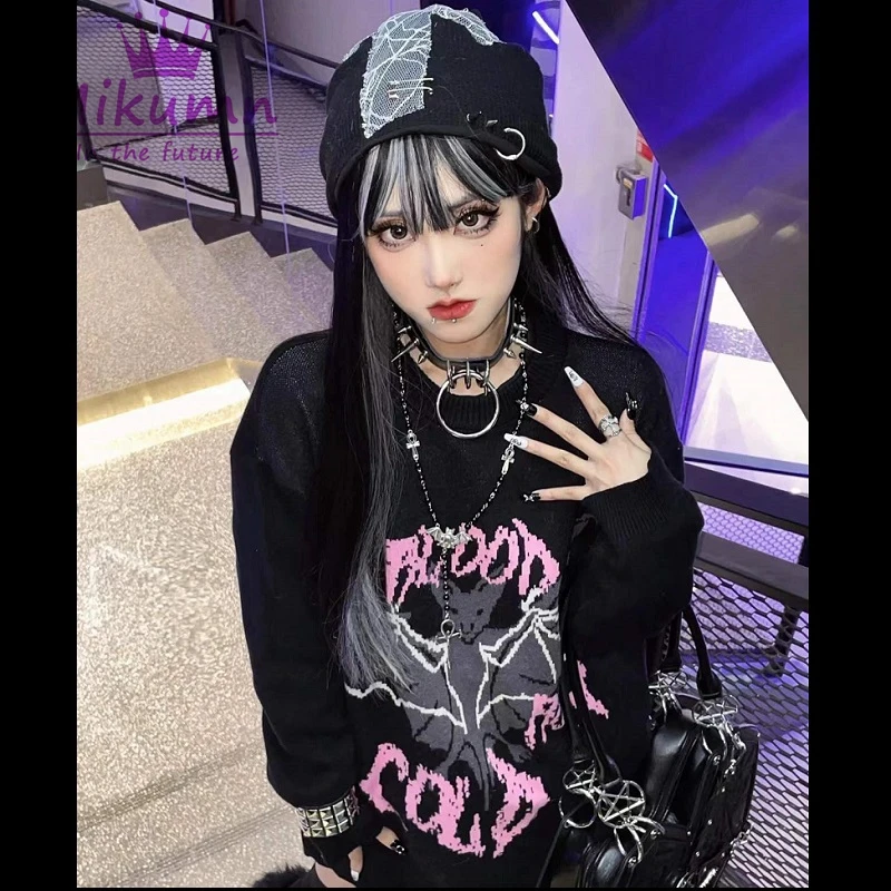 Gothic Grunge Black Letter Bat Print Women Sweater Streetwear Fashion Knitwear Autumn Winter Loose Long Sleeve Knitted Pullover