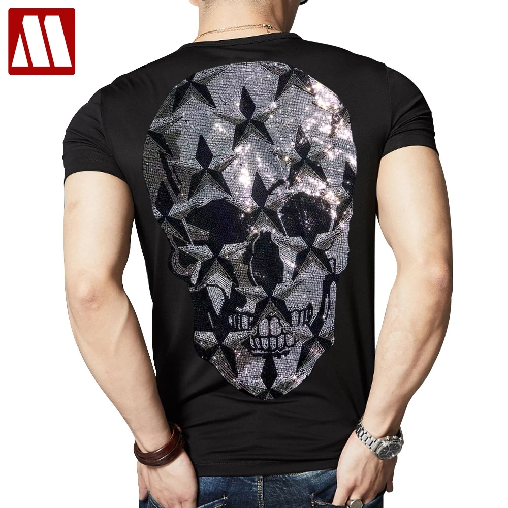 Vintage Gothic Skulls Man Rhinestone T-shirt Round Neck Men\'s Tops 3D Skull Short Sleeve Hip Hop Streetwear Male Sports T-shirt