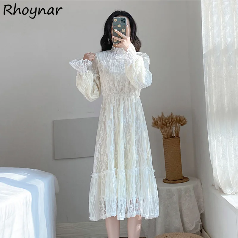 

Flare Sleeve Dress Women Lace Patchwork Sweet Tender Thicken Autumn Ankle-length New Feminino Vestidos French Version Mori-girl