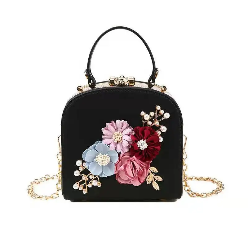 2022 New Hit Color Double Lock Clip Flower Pearl Chain Small Square Package Handbag Leather with Iron Patchwork Shoulder Bag 822