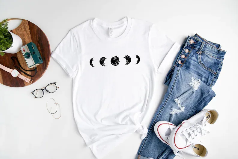 Moon Phases mother Cat Lover cotton Shirt Unisex Short Sleeve Women's Aesthetic O Neck Top Tee harajuku y2k cotton Drop Shipping