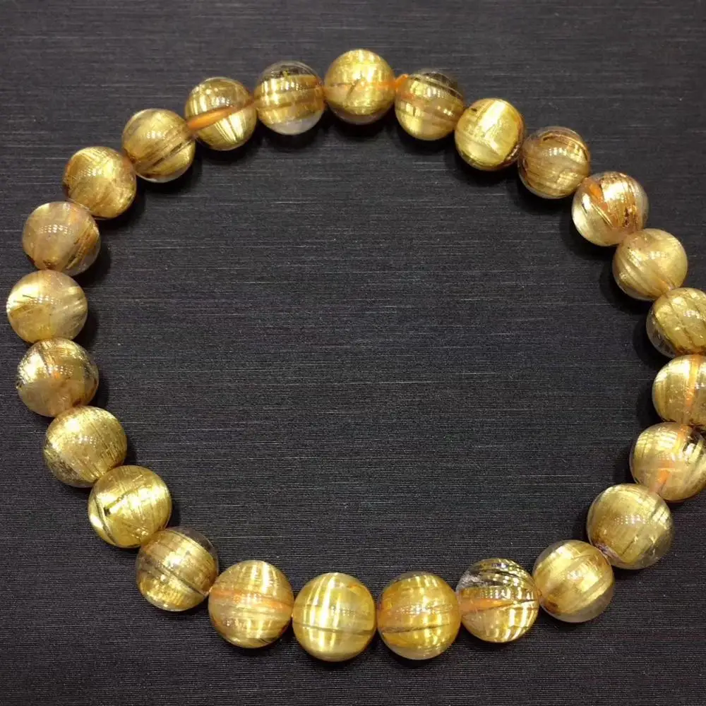 

Natural Gold Rutilated Quartz Titanium Bracelet Brazil Crystal 7.3mm Woman Round Beads Bangle Wealthy Bracelet