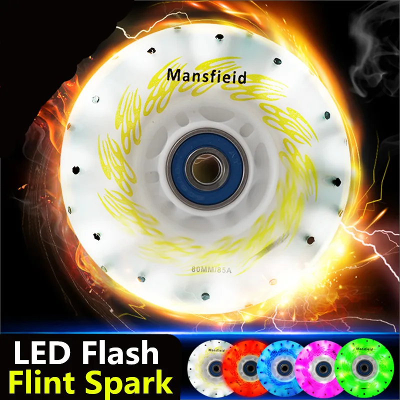 [72mm 76mm 80mm LED and Spark]with 52 104 208 flint fire stones sparking roller 85A LED flash shining Inline flint skates wheel