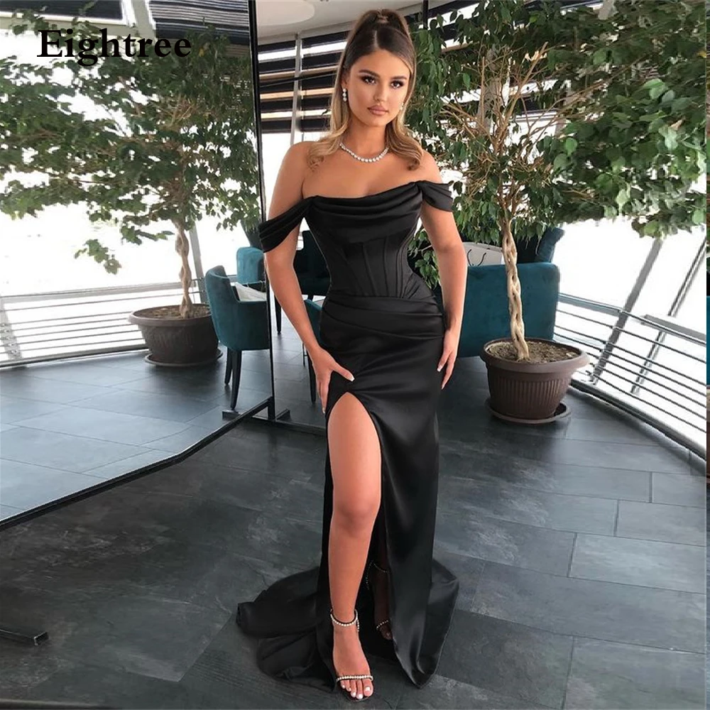 Eightree Eenvoudige Black Satin Lange Mermaid Avondjurk Off Shoulder High Side Slit Prom Jassen Formele Party Jurken Vestidos